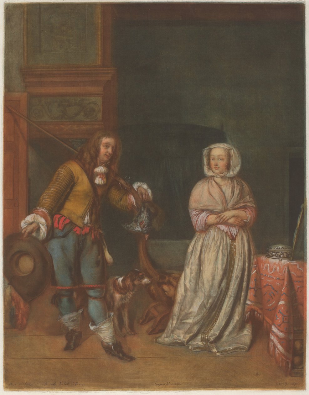 Cazador visitando a una dama de Carlo Lasinio after Gabriel Metsu