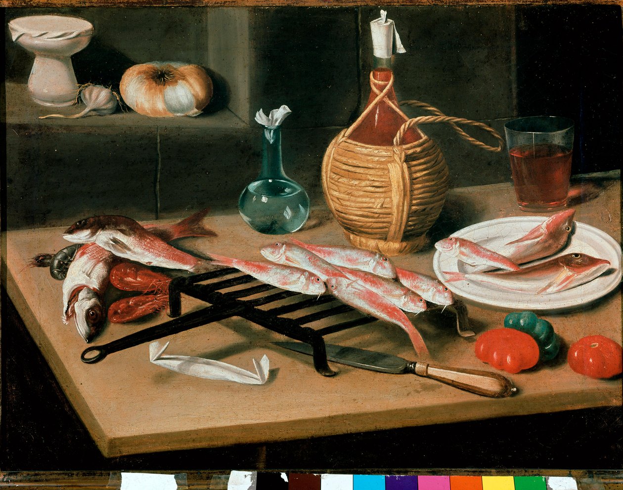 Naturaleza muerta con platos de pescado a la parrilla (salmonete) y botella de vino (damajuana). Pintura de Carlo Magini (1720-1806). Faenza, Pinacoteca comunale de Carlo Magini