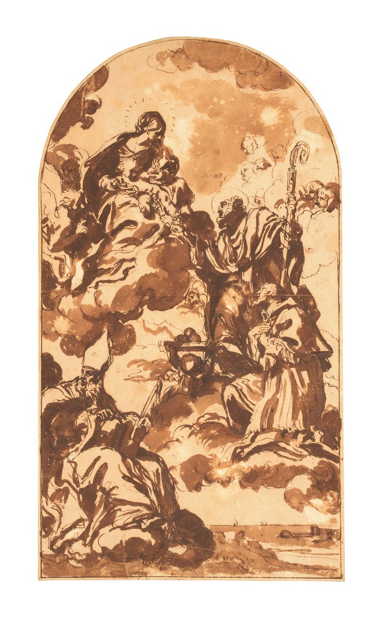 La Virgen y el Niño apareciéndose a los santos Ambrosio, Francisco de Sales y Nicolás de Bari (tiza negra, pluma y tinta marrón, y aguada marrón sobre papel) de Carlo Maratta or Maratti