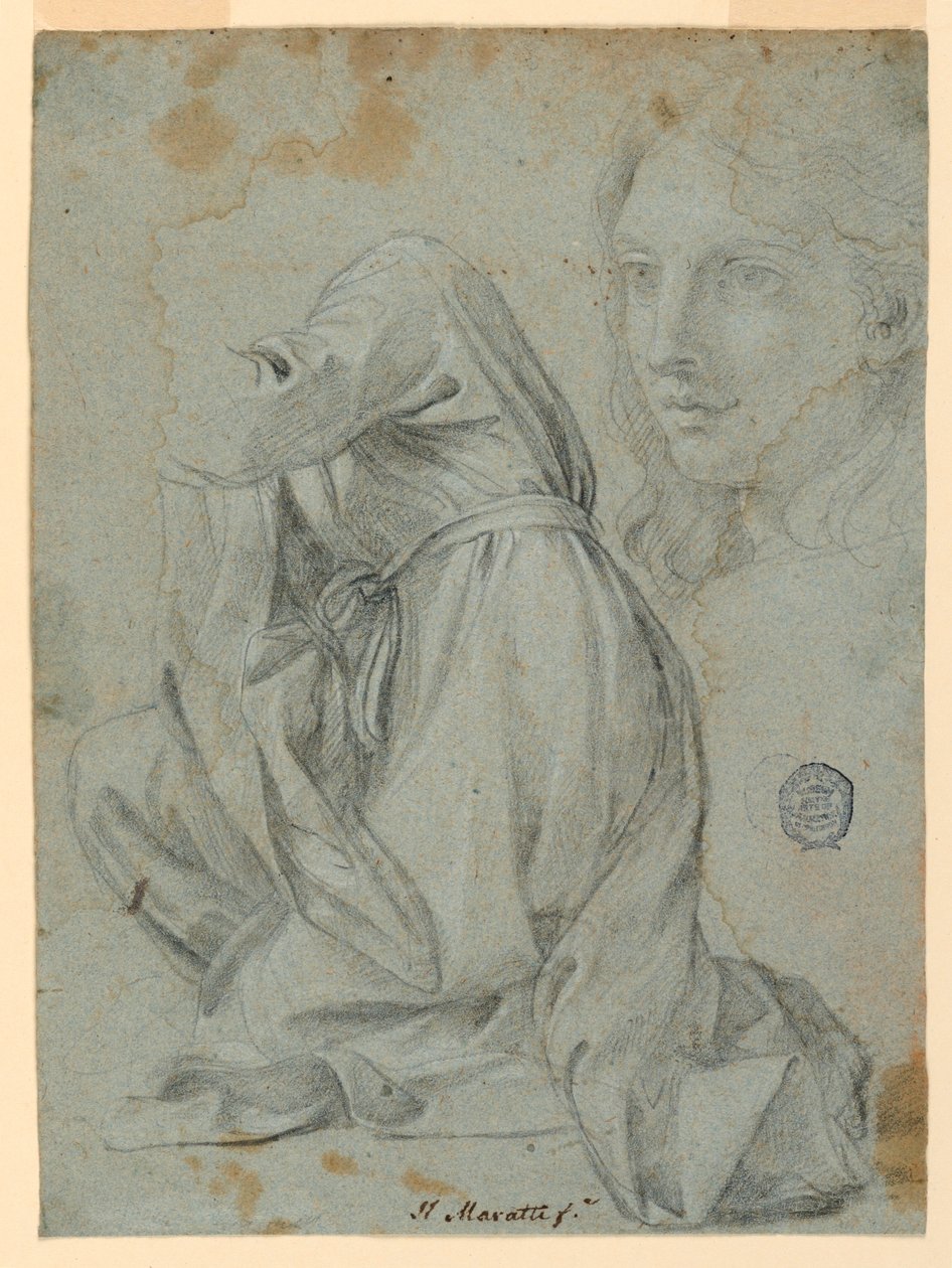 Dibujo, Estudios: El Paño de una Mujer Arrodillada. La cabeza de una mujer joven, 1650-1675 de Carlo Maratti