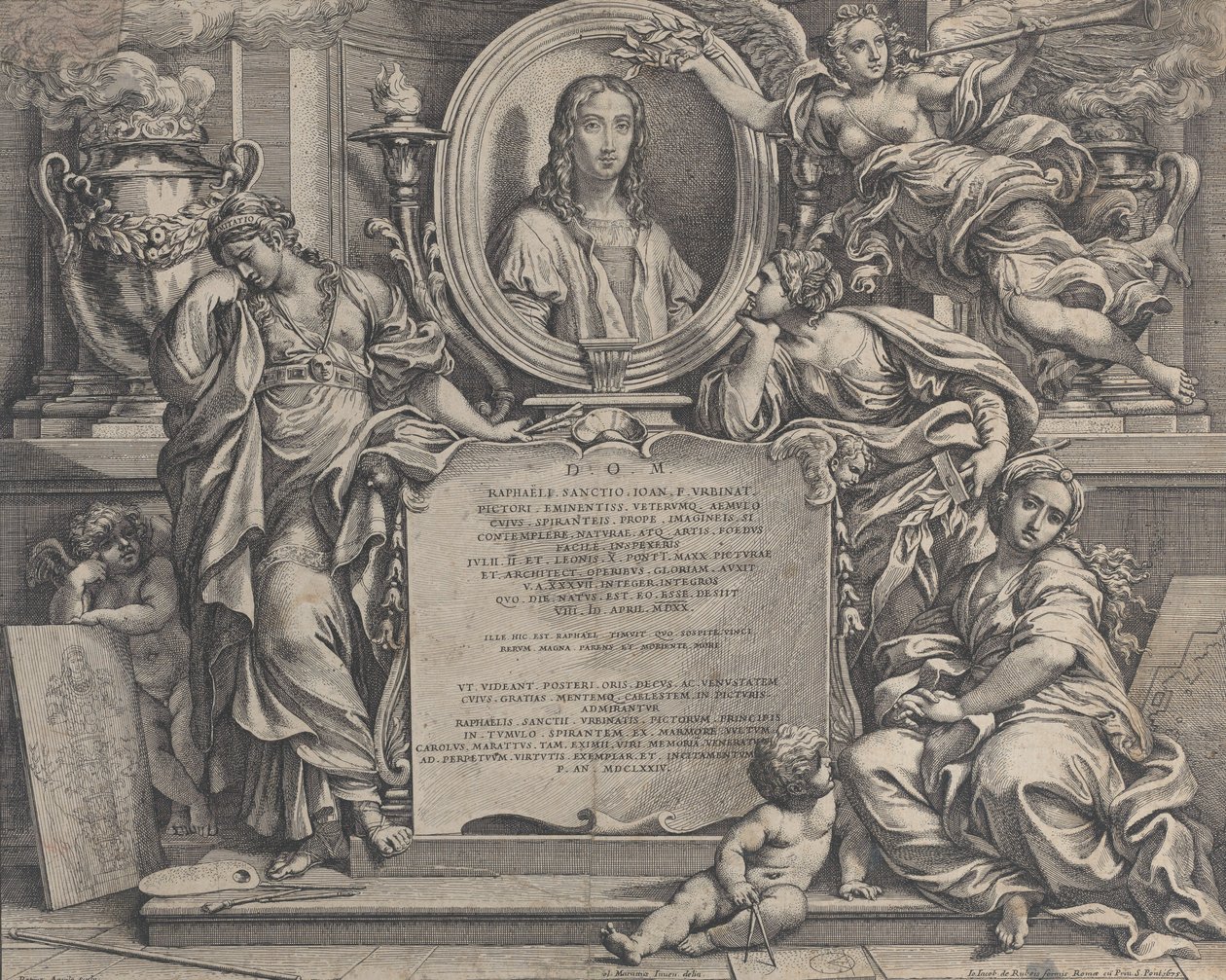 Frontispicio con retrato ovalado de Rafael, con tres figuras alegóricas de las Artes, 1675 de Carlo Maratti