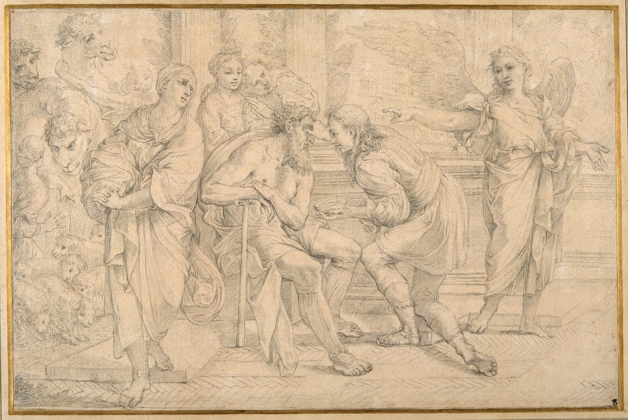 Tobías curando la ceguera de Tobit con la hiel del pez de Carlo Maratti