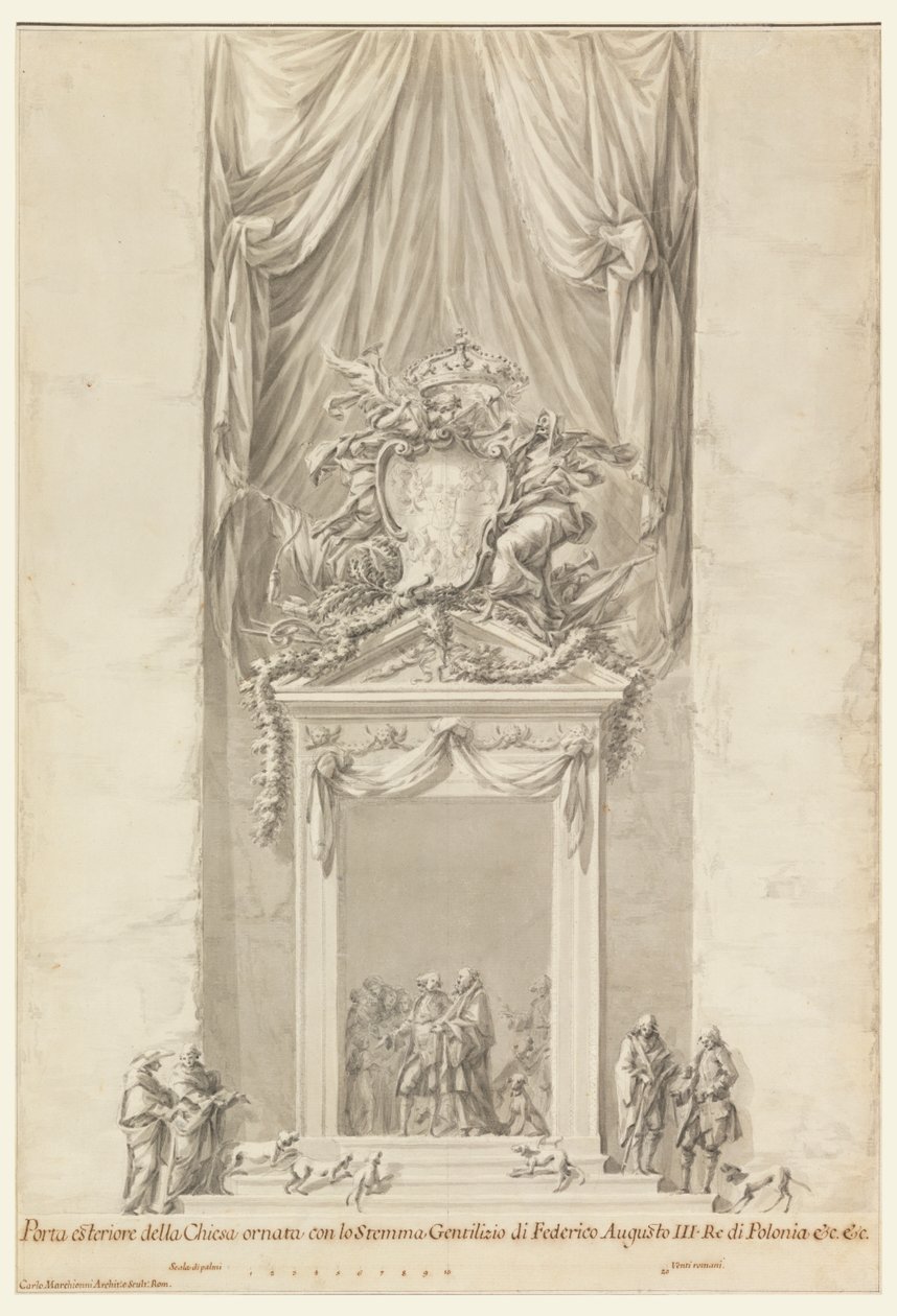 Entrada de San Salvatore en Lauro con Decoración para el Funeral del Rey Federico Augusto III de Polonia, Roma, Italia de Carlo Marchionni