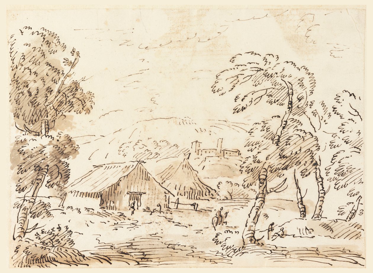 Dibujo, Una vivienda campesina y un castillo en la campiña montañosa, 1762-1786 de Carlo Marchionni