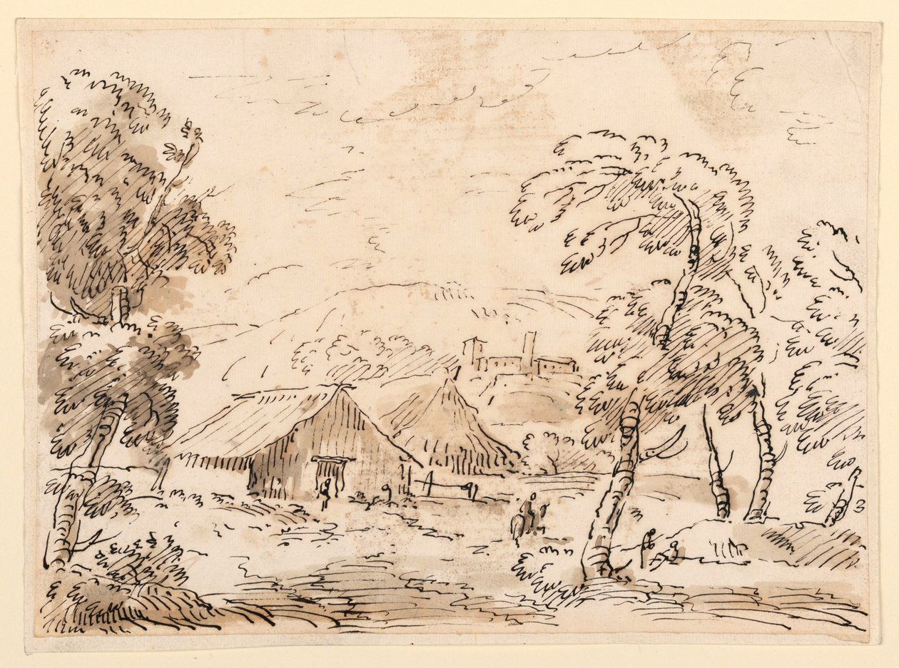 Dibujo, Una vivienda campesina y un castillo en la campiña montañosa, 1762-1786 de Carlo Marchionni