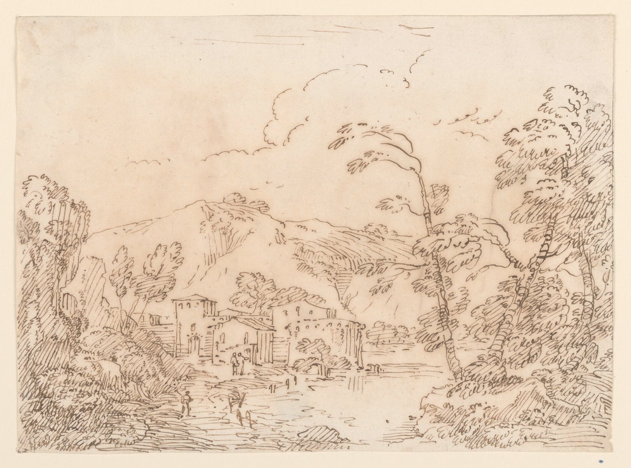 Dibujo, Una aldea junto a un arroyo en un país montañoso, 1770-86 de Carlo Marchionni