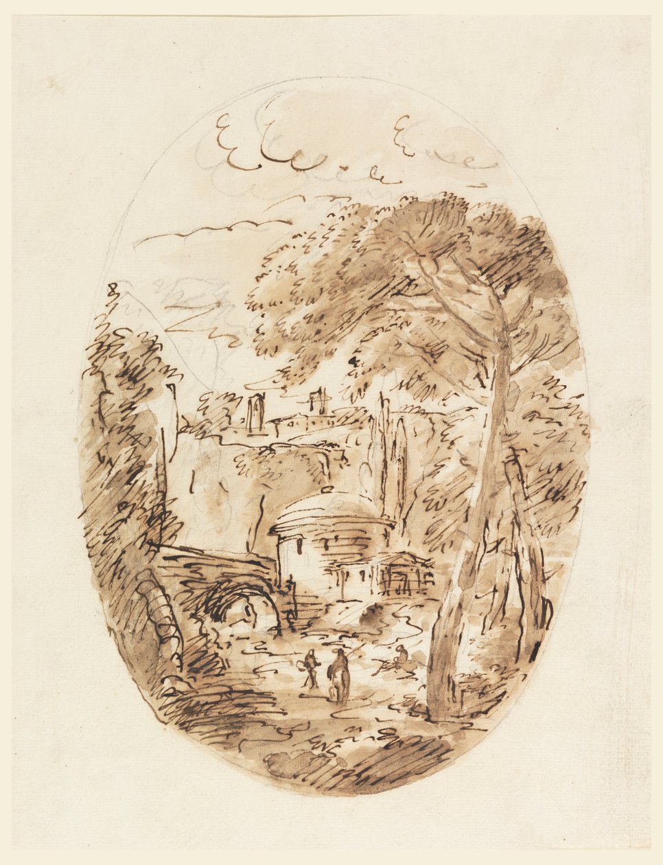 Dibujo, Paisaje con jinete y puente, 1750-1786 de Carlo Marchionni
