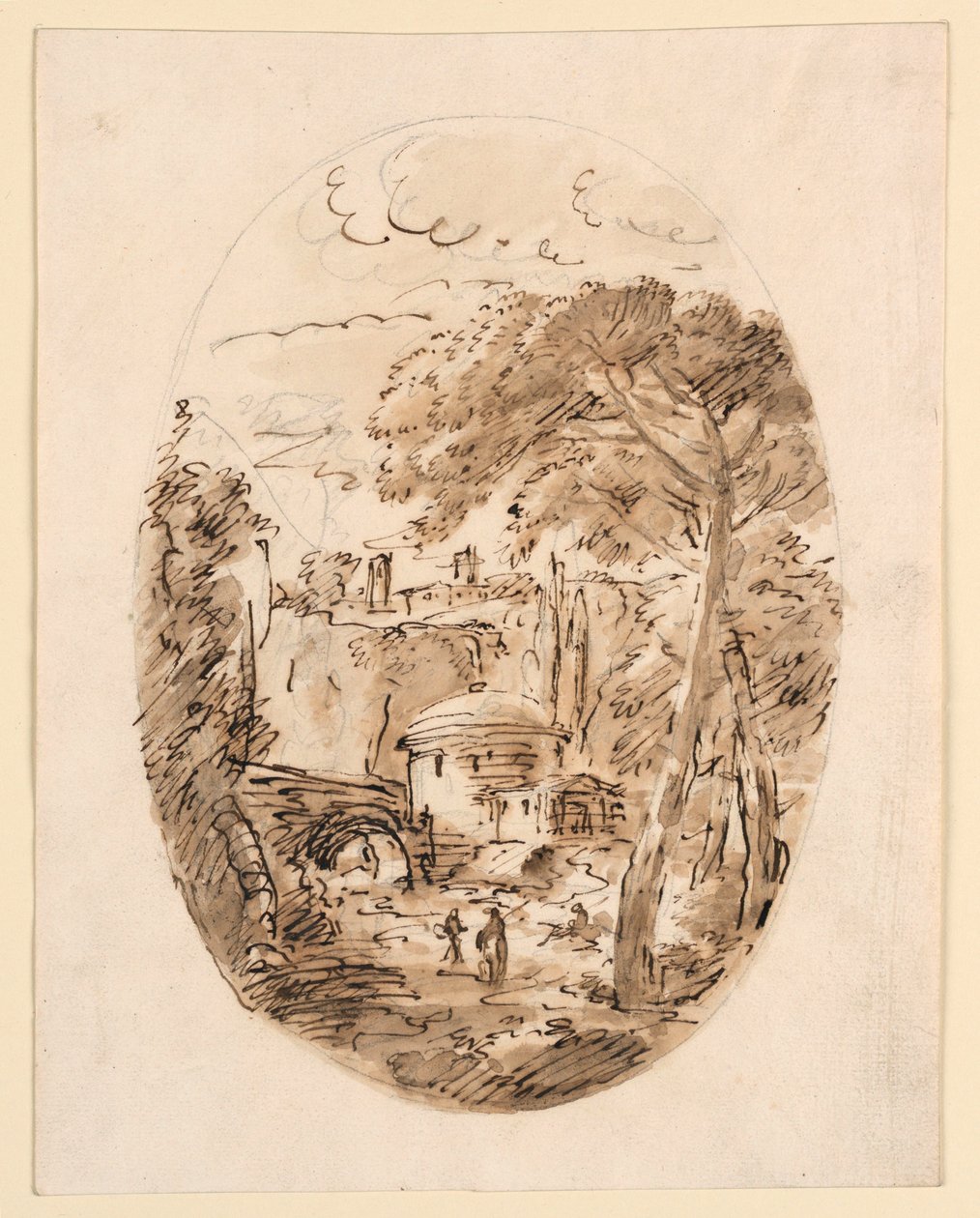 Dibujo, Paisaje con jinete y puente, 1750-1786 de Carlo Marchionni