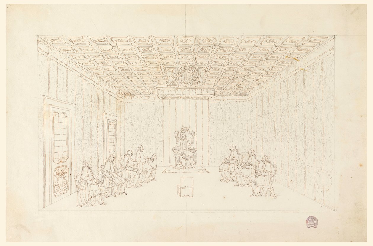 Dibujo, Benedicto XIV en un Consistorio con cardenales, 1740-58 de Carlo Marchionni