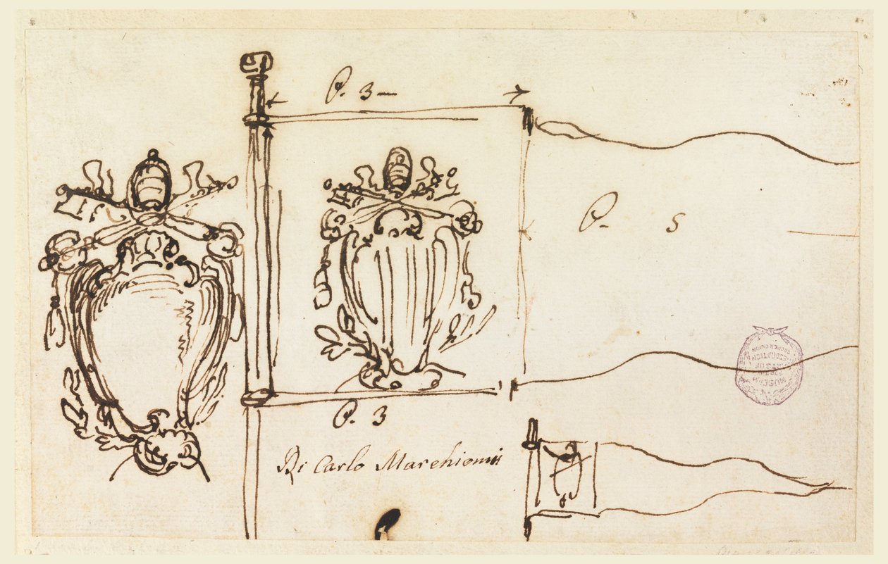 Dibujo, Tres bocetos para un estandarte del Papa Benedicto XIV, 1740-58 de Carlo Marchionni