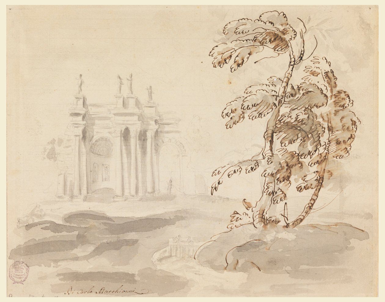 Dibujo, Árbol en paisaje con edificio, 1756-78 de Carlo Marchionni