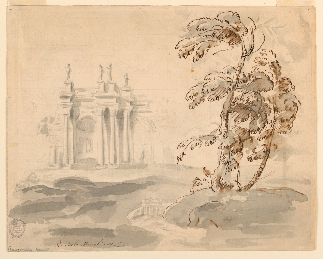Dibujo, Árbol en paisaje con edificio, 1756-78 de Carlo Marchionni
