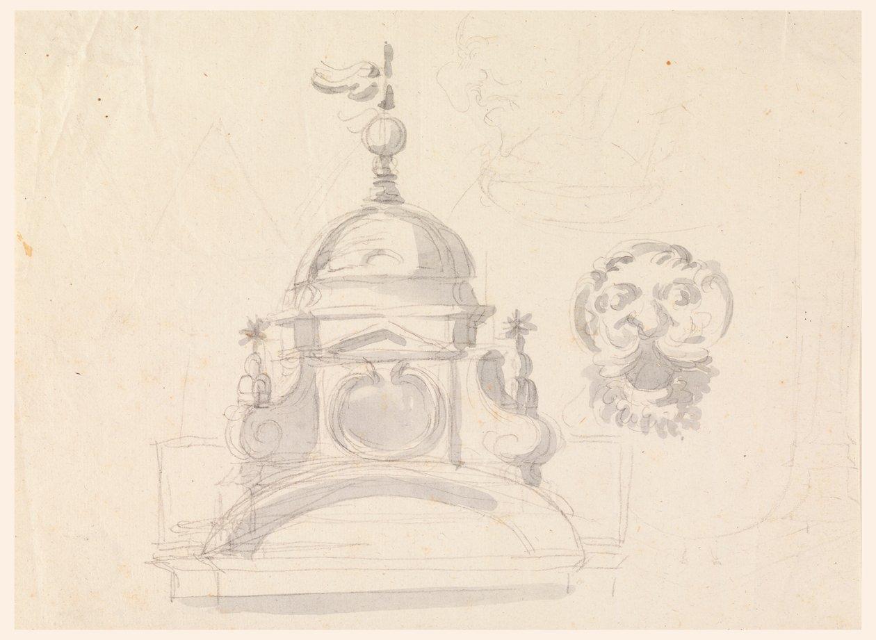 Elevación de una cúpula, diseño para una máscara y caricatura de Carlo Marchionni
