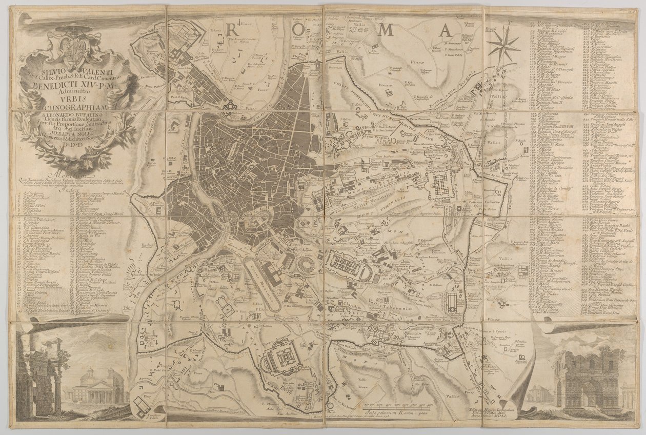 Plano de la antigua Roma con una vista del Panteón en la parte inferior izquierda y un arco triunfal en la parte inferior derecha, 1748 de Carlo Nolli