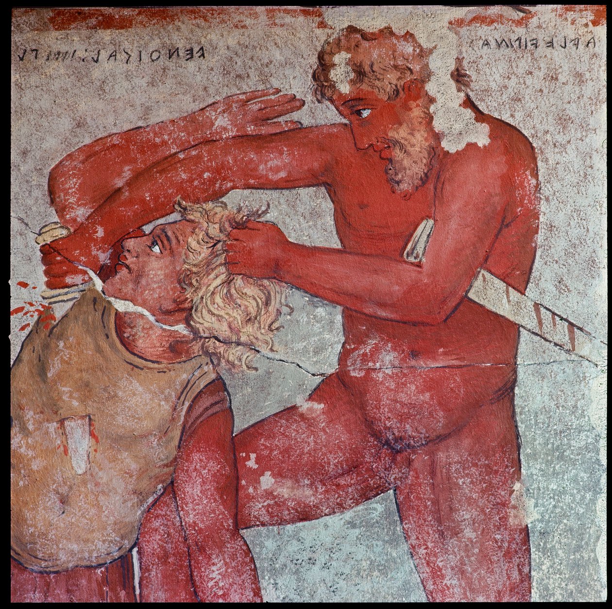 Civilización etrusca: "representación del sacrificio de prisioneros troyanos en homenaje a Patroclo" reproducción de Carlo Ruspi (1786-1863) de los frescos del siglo IV a.C. de la Tumba François de Vulci. Florencia, Museo Arqueológico de Carlo Ruspi