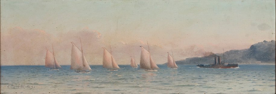 Paisaje marino con competencia de vela y remolcador de Carlos Balliester