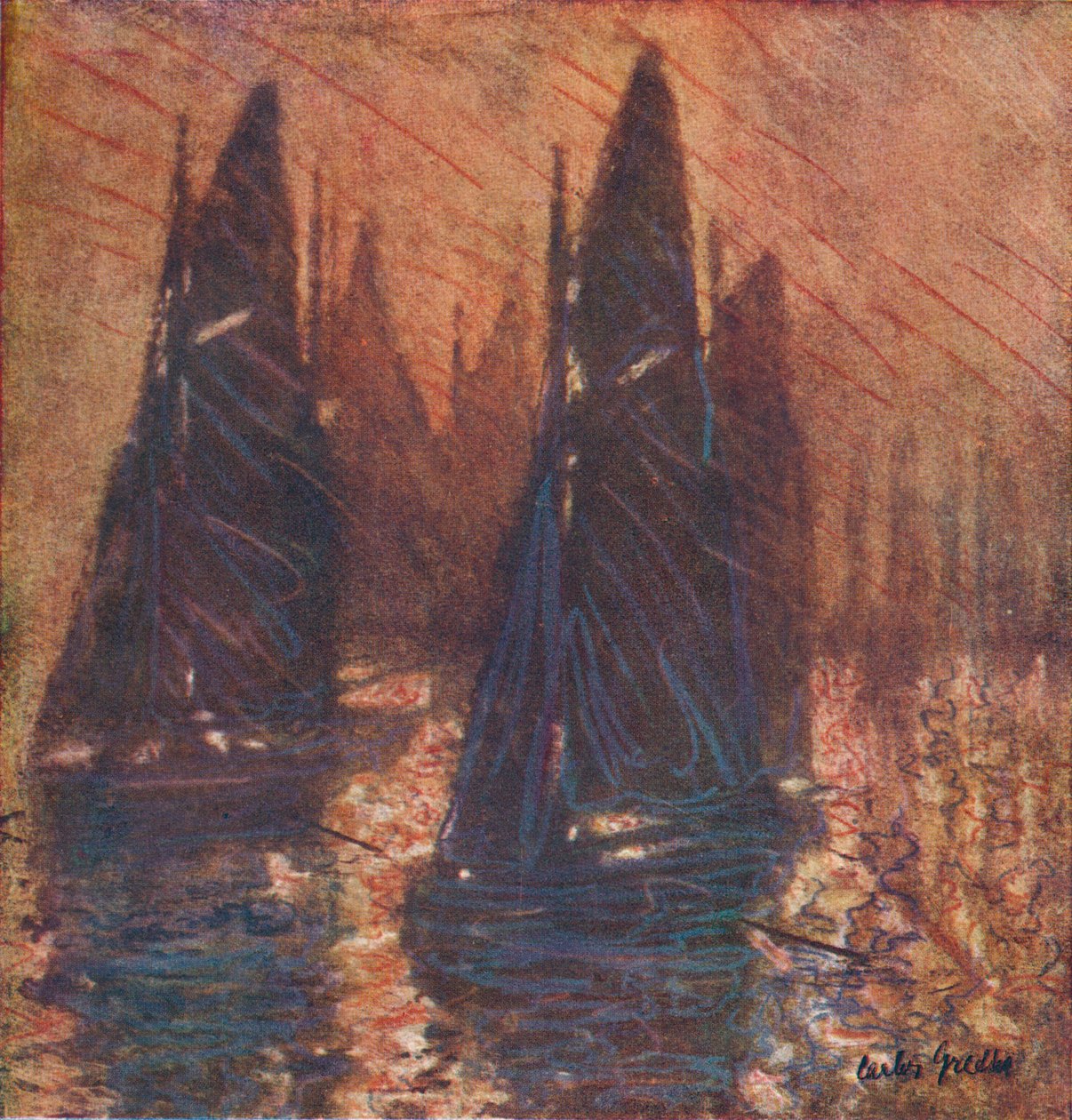 Barcos de pesca en la niebla, c. 1913 de Carlos Grethe