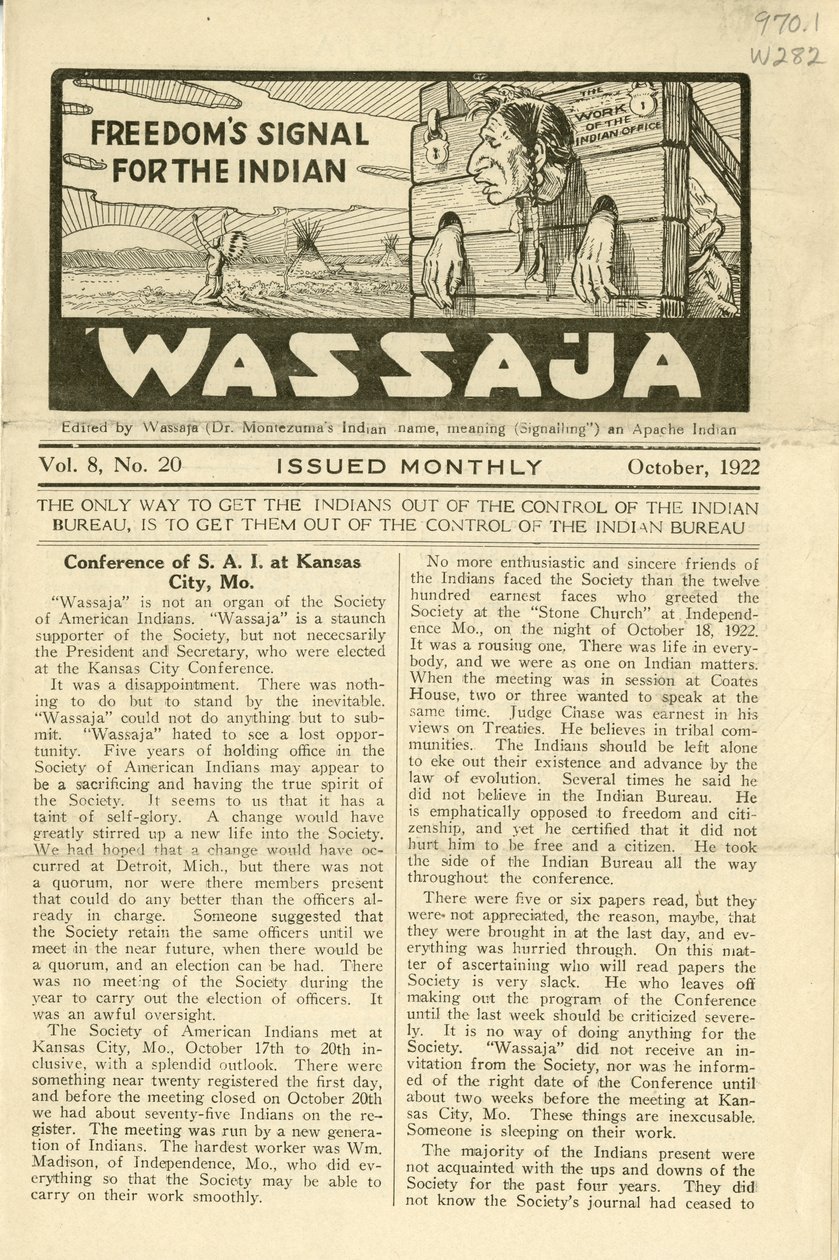 Número de Wassaja, Vol. 8, No. 20, octubre de 1922 de Carlos Montezuma