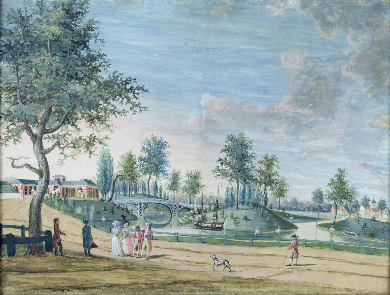 Puente ferroviario, Parc du Raincy (El duque y la duquesa de Chartres en su camino a la Orangerie) de Louis Carrogis dit Carmontelle