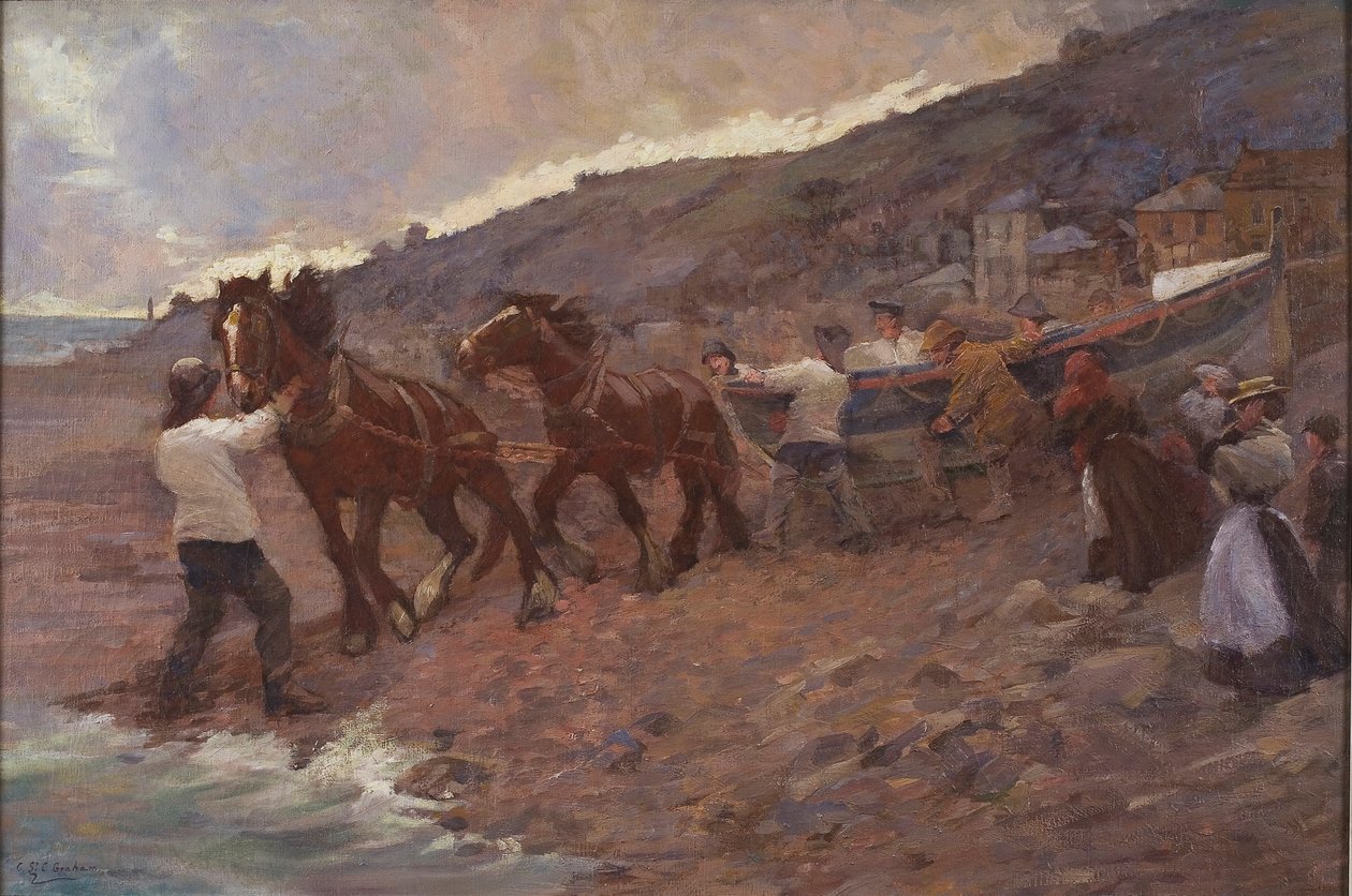 Botar el bote salvavidas (óleo sobre lienzo) de Caroline St Clair Graham