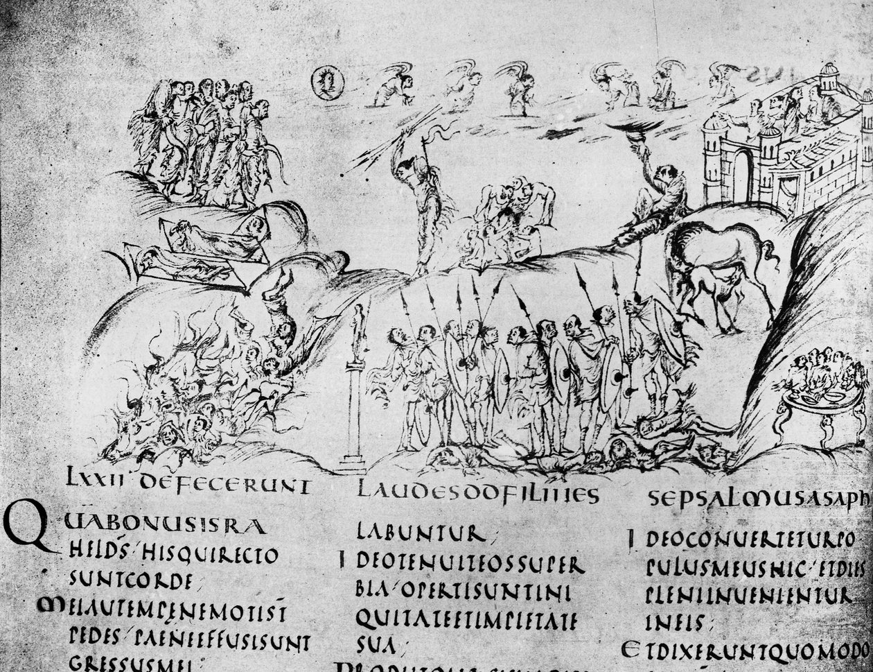Ilustración de varias escenas de uno de los Salmos, del Salterio de Utrecht, copia del original de Reims ahora en la Biblioteca de la Universidad de Utrecht de Carolingian School