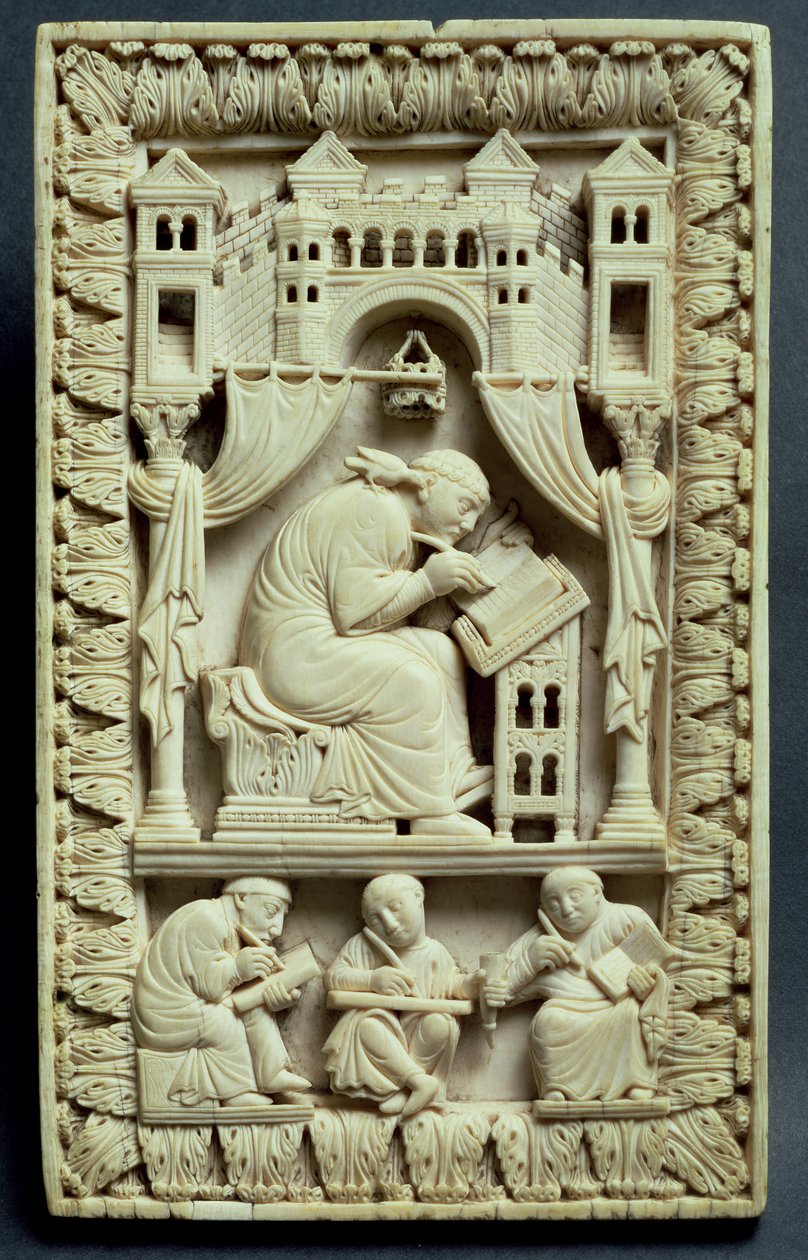 San Gregorio escribiendo con escribas abajo, Escuela Franco-Alemana, c.850-875 de Carolingian School