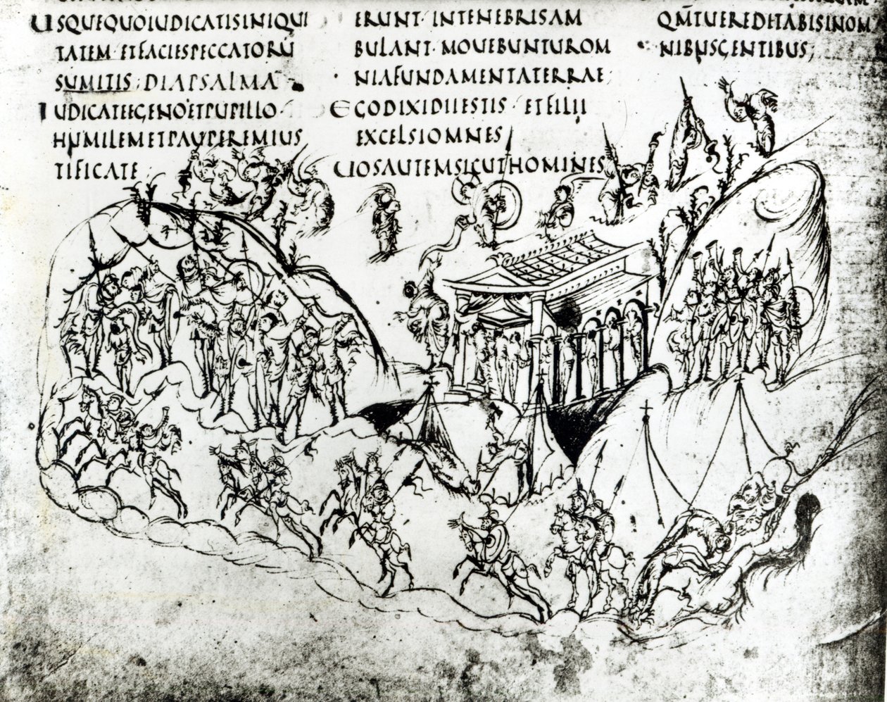 Varias escenas ilustrando un salmo, del Salterio de Utrecht, copia del original de Reims ahora en la Biblioteca de la Universidad de Utrecht de Carolingian School