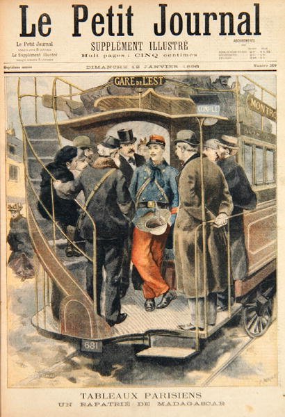 Un soldado repatriado de Madagascar, grabado por Fortune-Louis Meaulle (1844-1901) ilustración de Le Petit Journal, 12 de enero de 1896 de Carrey