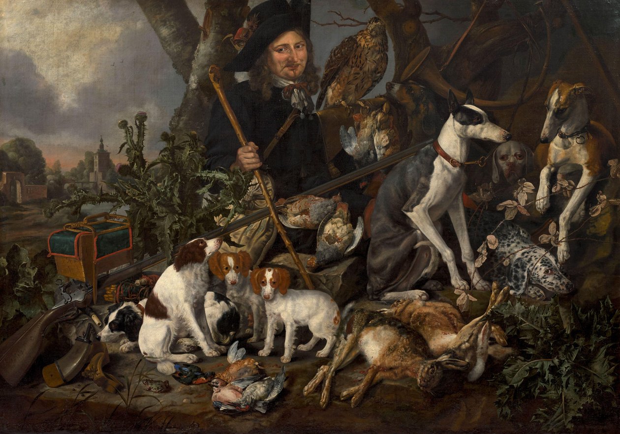 Caballero cazador con su jauría de perros y trofeos de caza de Carstian Luyckx