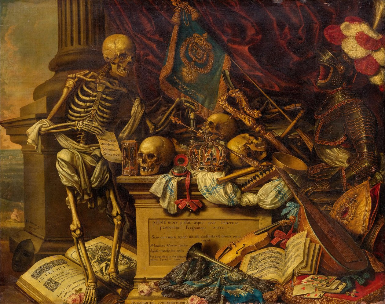 Vanitas Naturaleza Muerta con instrumentos musicales, libros, partituras, esqueleto, calavera y armadura, siglo XVII de Carstian Luyckx