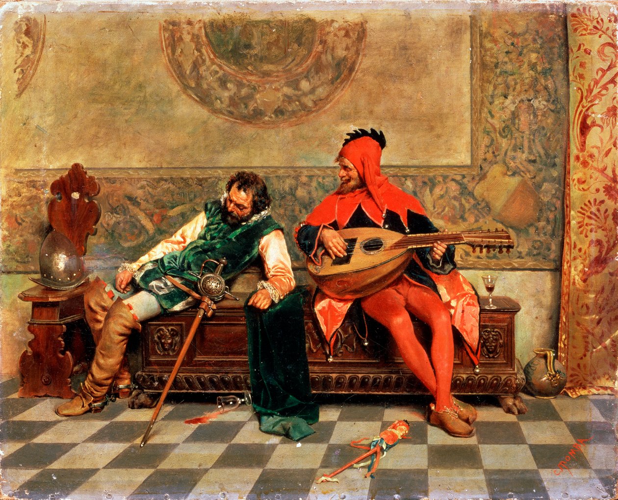 Guerrero borracho y bufón de la corte, pintura italiana del siglo XIX de Casimiro Tomba
