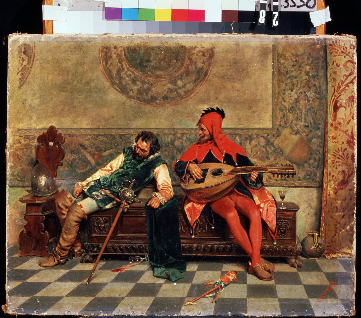 Guerrero borracho y bufón de la corte. Pintura de Casimiro Tomba (1857-1929). Óleo sobre lienzo, 37 x 47 cm. Arte italiano del siglo XIX. Museo de Arte M. Kroshitsky, Sebastopol. de Casimiro Tomba