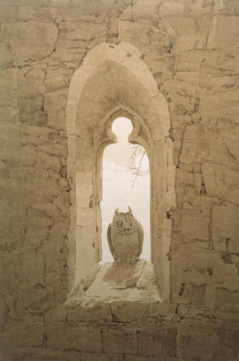 Búho en el nicho gótico de la ventana de Caspar David Friedrich