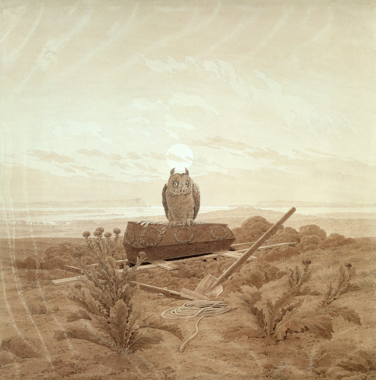Paisaje con Tumba, Ataúd y Búho (tinta sepia y lápiz sobre papel) de Caspar David Friedrich