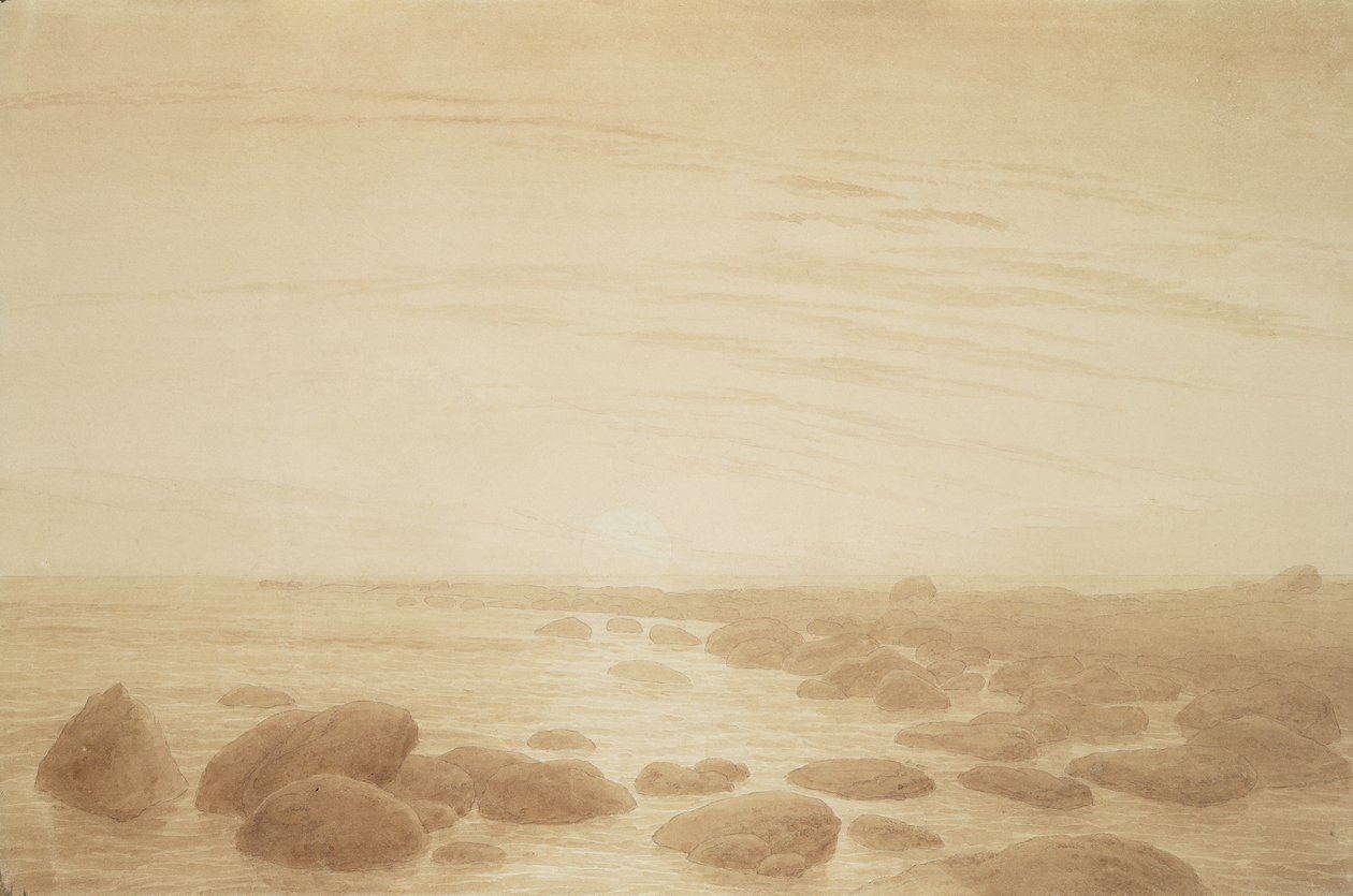 Salida de la luna en el mar (Puesta de sol en el mar) (tinta sepia y lápiz sobre papel) de Caspar David Friedrich