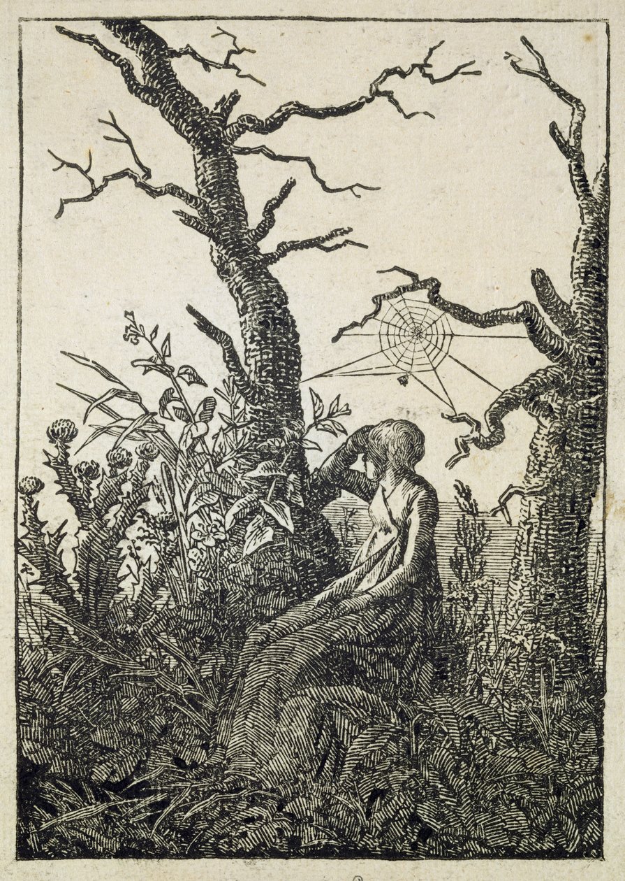 La mujer con una telaraña en medio de árboles sin hojas de Caspar David Friedrich