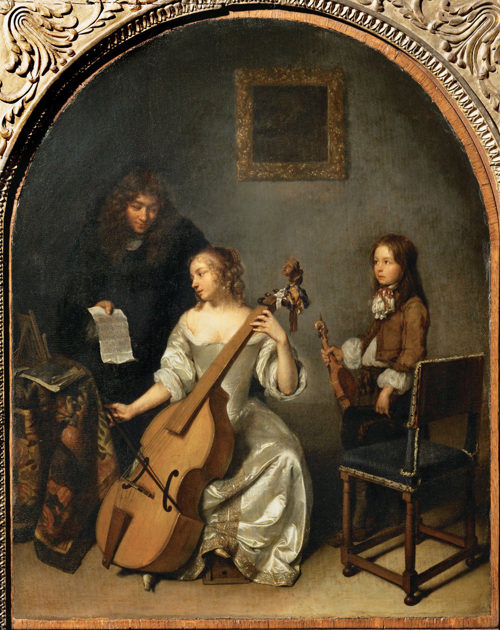 La lecon de basse de viol - La lección de violonchelo ... de Caspar (studio of) Netscher