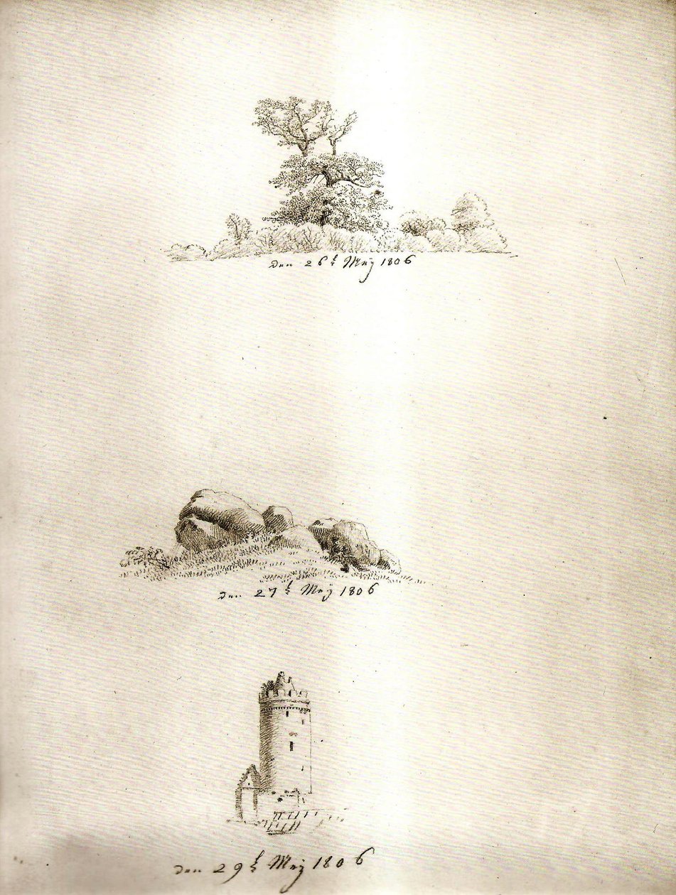 Árbol, carretilla y torre de Caspar David Friedrich