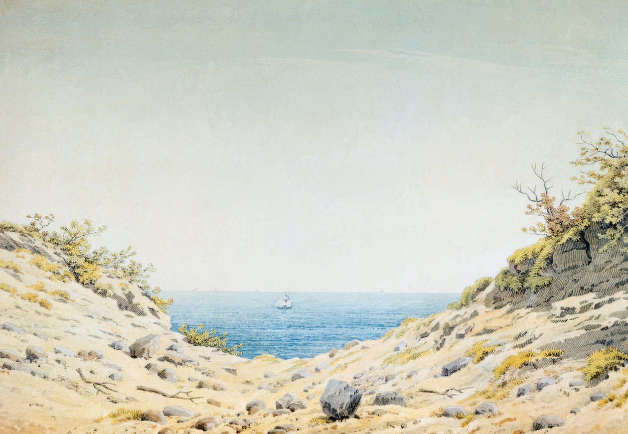 Vista a través de una depresión costera hacia el mar de Caspar David Friedrich