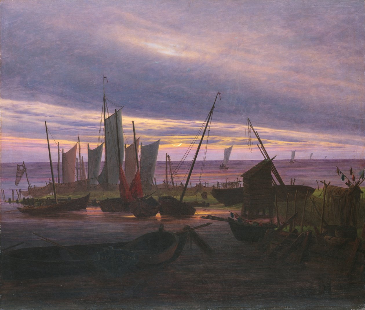 Barcos en el puerto al atardecer, c. 1828 de Caspar David Friedrich