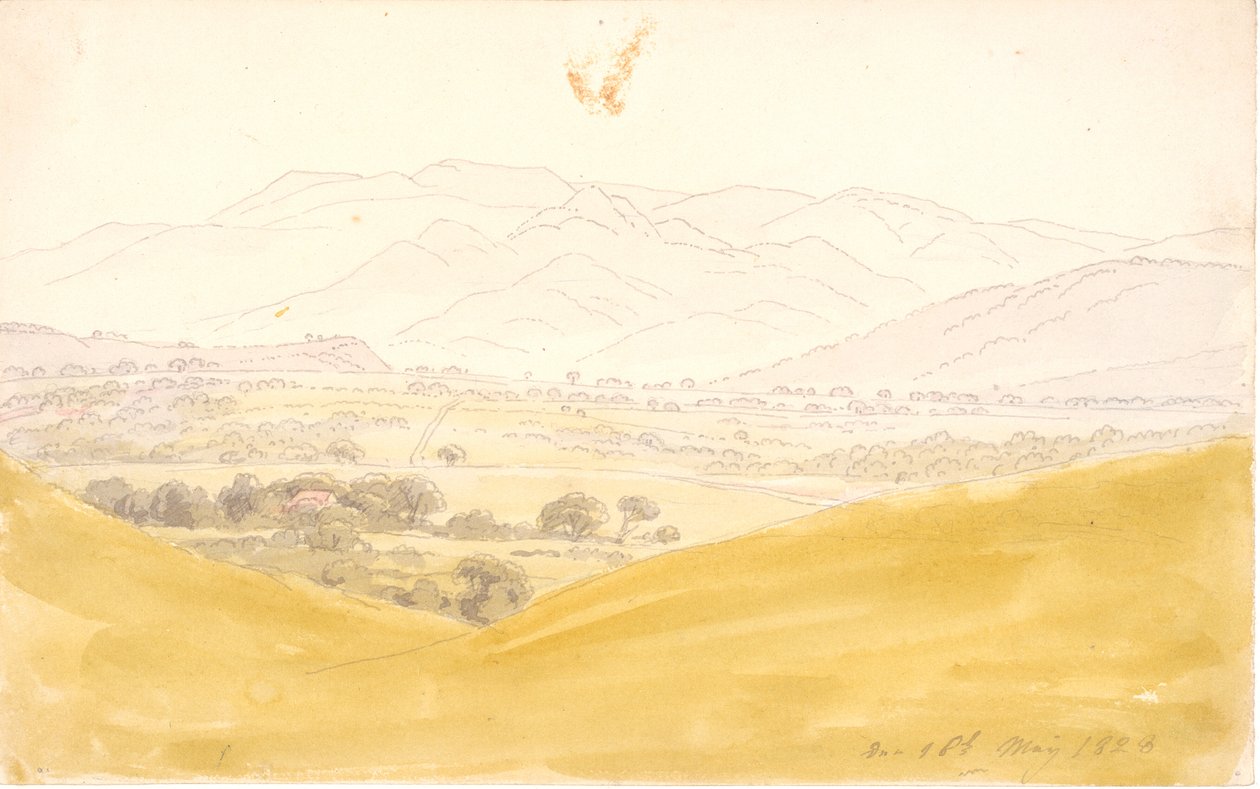 Paisaje bohemio con las montañas medias de Caspar David Friedrich