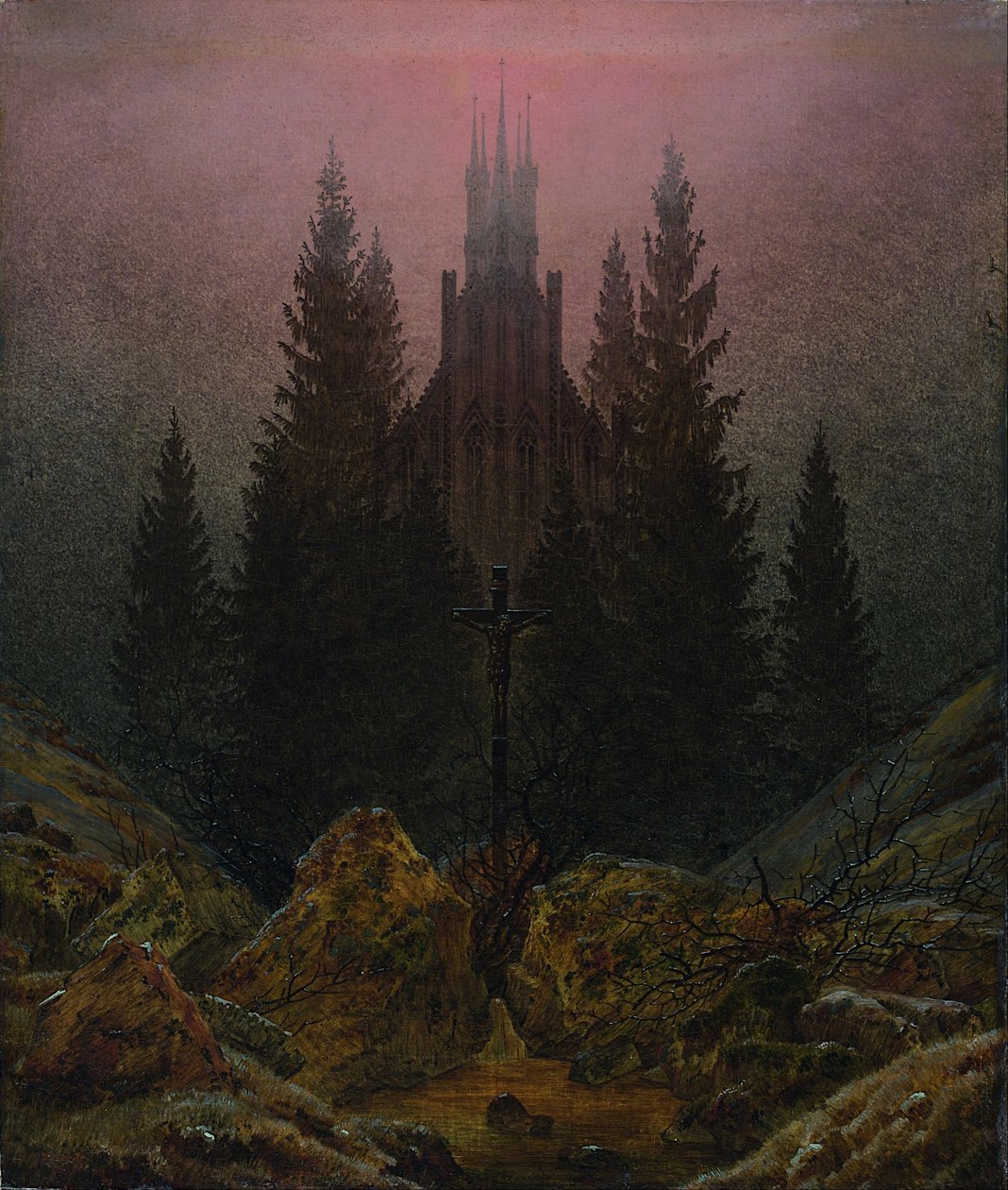 Cruz y catedral en las montañas de Caspar David Friedrich
