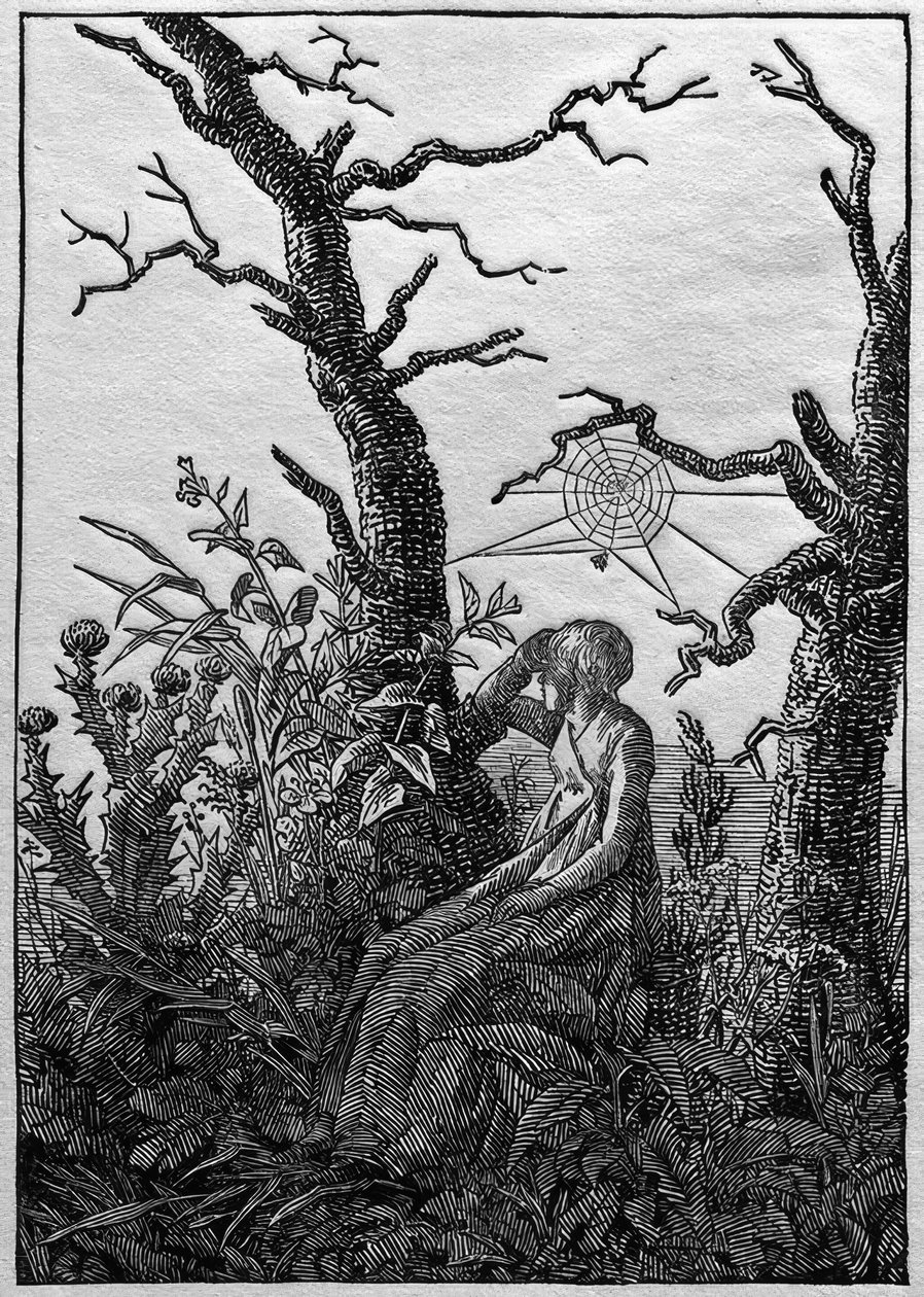La mujer con la telaraña entre árboles desnudos de Caspar David Friedrich