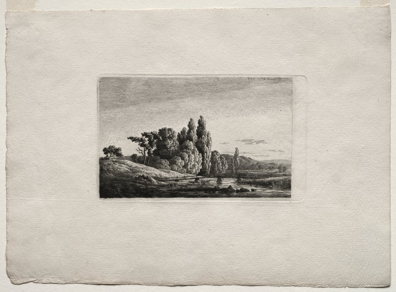 Pasarela con cruz ante árboles en un río de Caspar David Friedrich