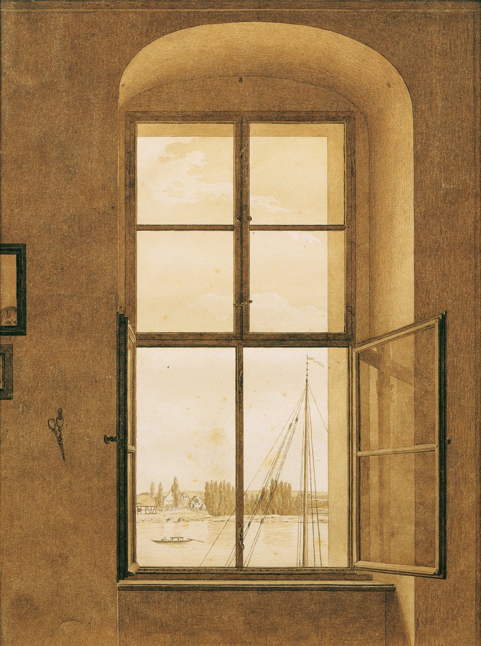 Alemán: Blick aus dem Fenster des Künstlers, rechtes Fenster Vista desde la ventana del estudio del artista, ventana derecha de Caspar David Friedrich