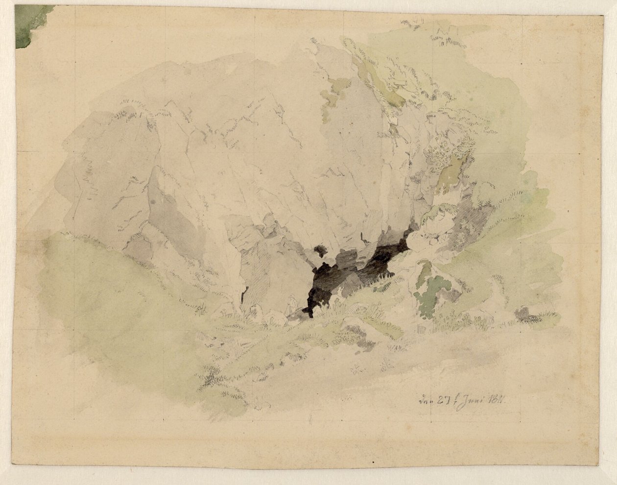 Alemán: Studie zur "Felsenschlucht" mit zwei kleinen Figuren am Höhleneingang Estudio sobre el "Felsenschlucht" (literalmente: Cañón de roca) con dos pequeñas figuras a la entrada de la cueva. de Caspar David Friedrich