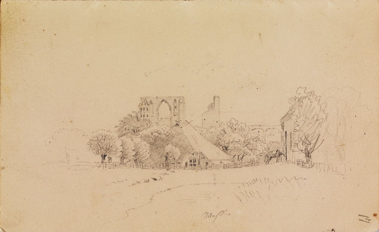 Ruinas del monasterio de Eldena, con una casa de techo de paja y una pequeña masa de agua de Caspar David Friedrich