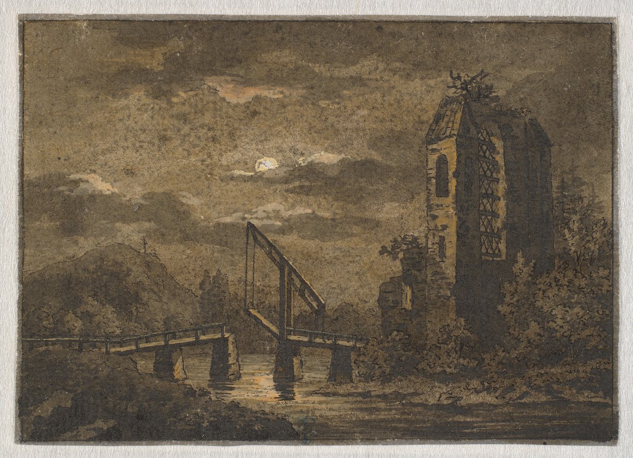 Paisaje con puente levadizo y ruina a la luz de la luna de Caspar David Friedrich