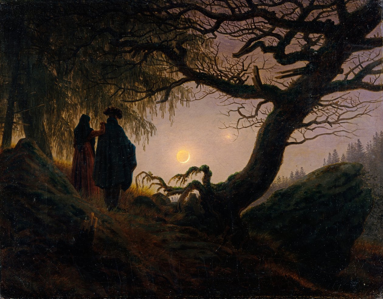 Un hombre y una mujer contemplando la luna de Caspar David Friedrich