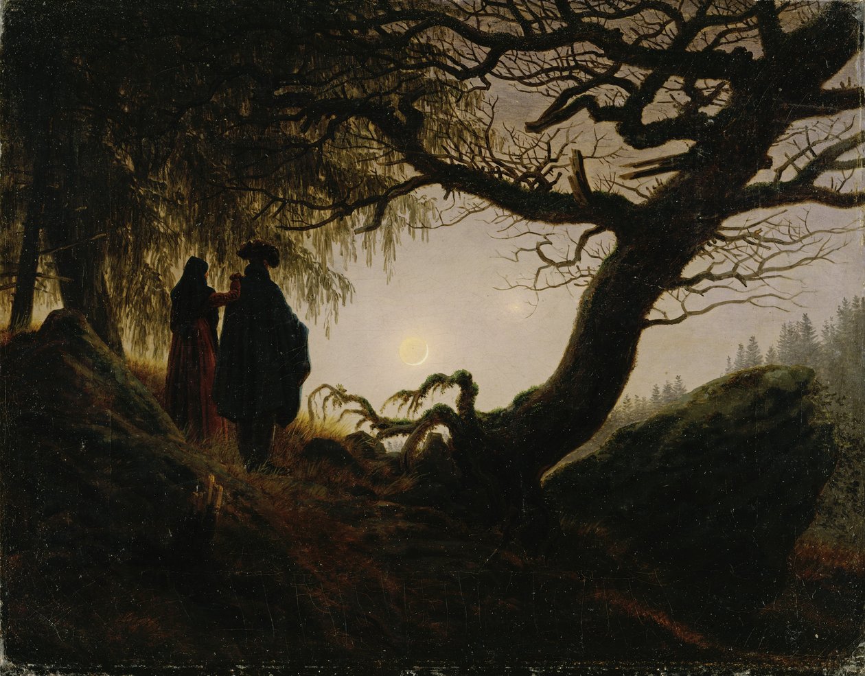 Un hombre y una mujer contemplando la luna de Caspar David Friedrich